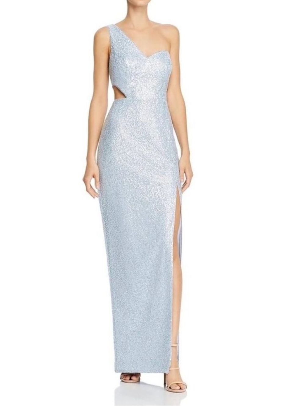 Aidan Mattox Silver Sequin One-Shoulder Maxi Dress